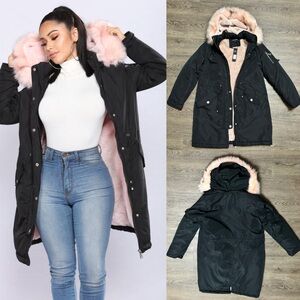 Fashion Nova Black Oh Baby Utility Jacket with Pink Faux Fur Size XL X-Large NWT